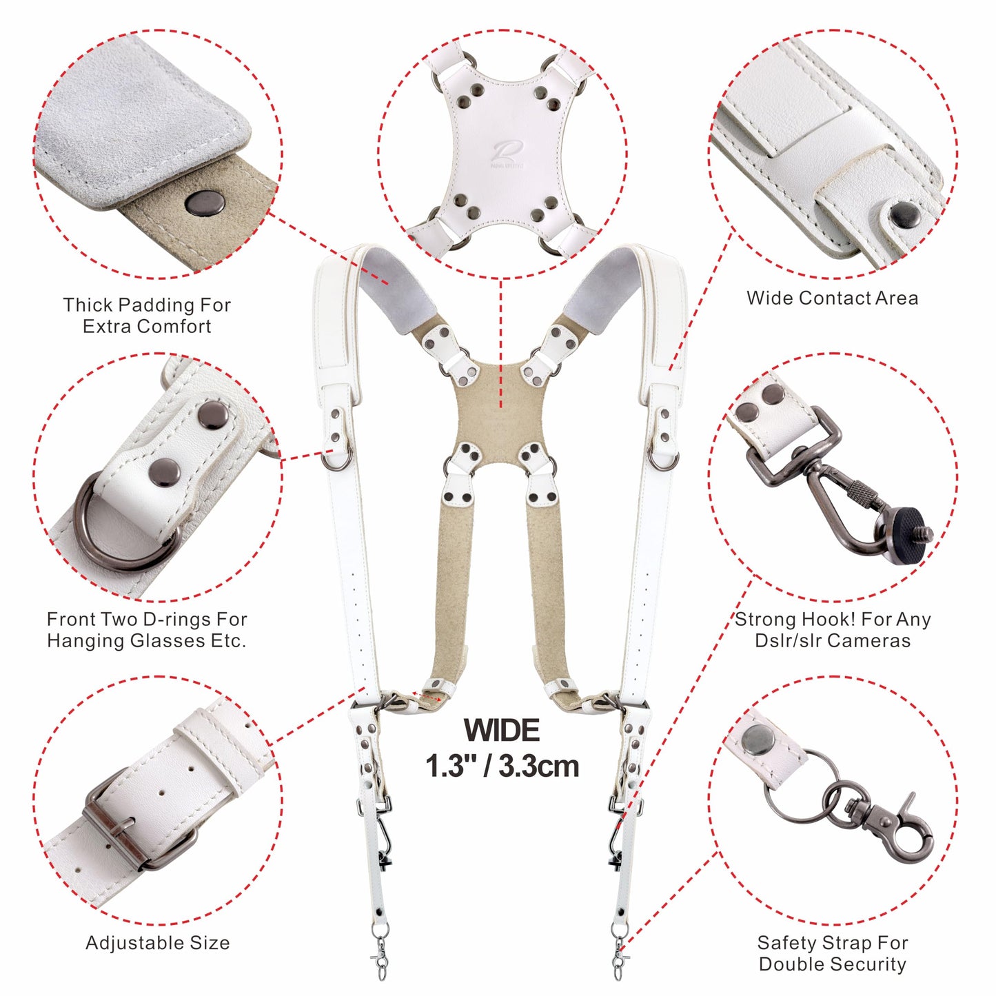 Padwa Lifestyle White Dual Camera Harness for Two Cameras - Wide Strap with Thick Shoulder Padded,Full Grain Leather Double Harness,Multi Camera Gear for DSLR Strap for Photographers
