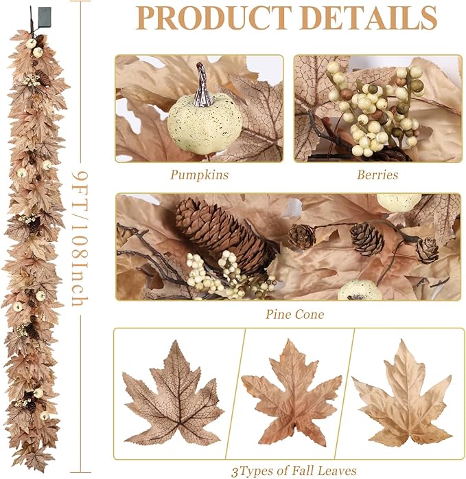 9 FT Fall Garland with Lights Timer Function Autumn Fall Leaves Garland with Berries Pine Cones Pumpkins Realistic Automatic ON/Off Timer Fall Decorations for Home Mantle Fireplace Porch Table