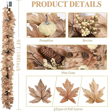 9 FT Fall Garland with Lights Timer Function Autumn Fall Leaves Garland with Berries Pine Cones Pumpkins Realistic Automatic ON/Off Timer Fall Decorations for Home Mantle Fireplace Porch Table