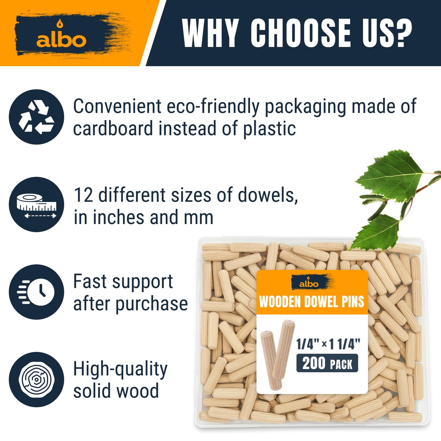 ALBO Wooden Dowel Pins 1/4 x 1-1/4 inch Fluted Wood Dowels Rods 200 Pack Hardwood Crafts Dowel Pegs