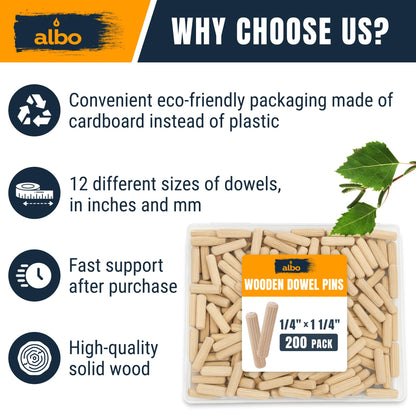 ALBO Wooden Dowel Pins 1/4 x 1-1/4 inch Fluted Wood Dowels Rods 200 Pack Hardwood Crafts Dowel Pegs