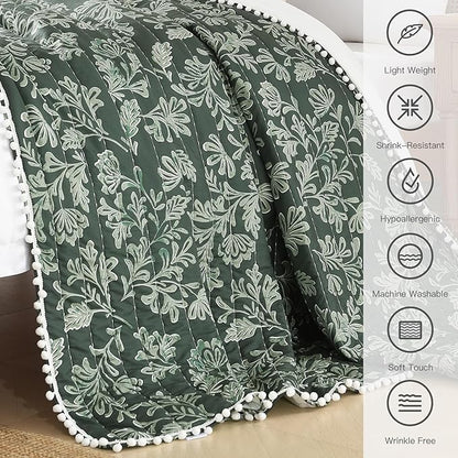 Ultra Soft Pre-Washed Quilted Throw Blanket, Floral Printed Pompom Fringed Dark Green Decorative Throws, Chic Rustic Blanket for Sofa Couch Bed Chair, 90"x 90"