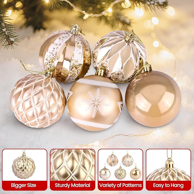 EveryMerry 12-Pack 3.15 Inch Christmas Ornaments Set - Champagne White Ornament Balls with 5 Various Designs with Strings, Sturdy, Kraft Box with Lid for Xmas Tree, Holiday Party & Home Decor