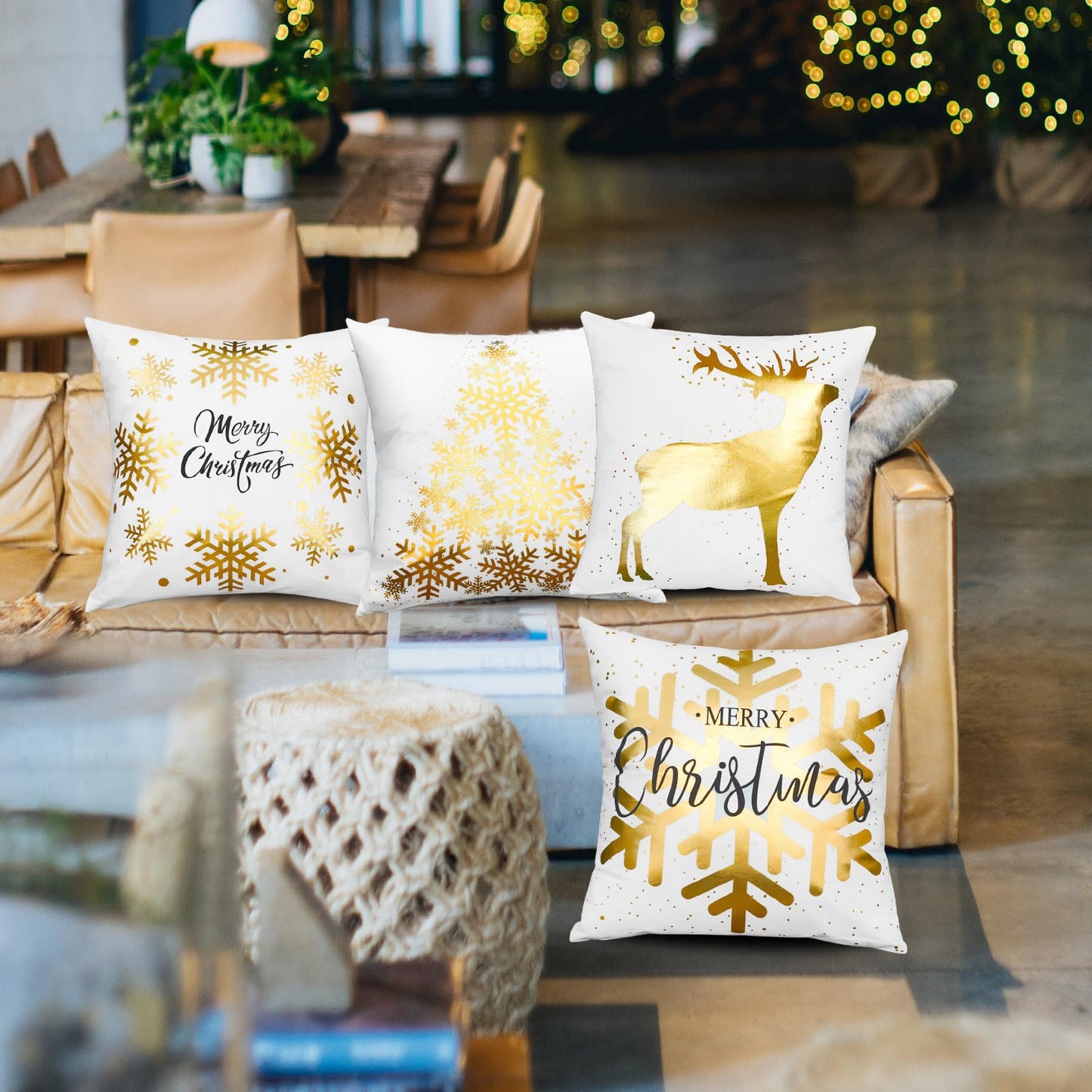 ONWAY Christmas Decorations Gold White Throw Pillow Covers 18x18 Set of 4 Snowflakes Reindeer Decorative Cushion Cases Xmas Golden Decor for Couch Sofa Bedroom