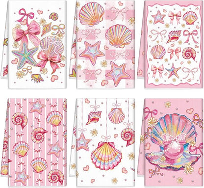 Breling Set of 6 Pink Beach Kitchen Towels Coastal Beach Dish Towel Bathroom