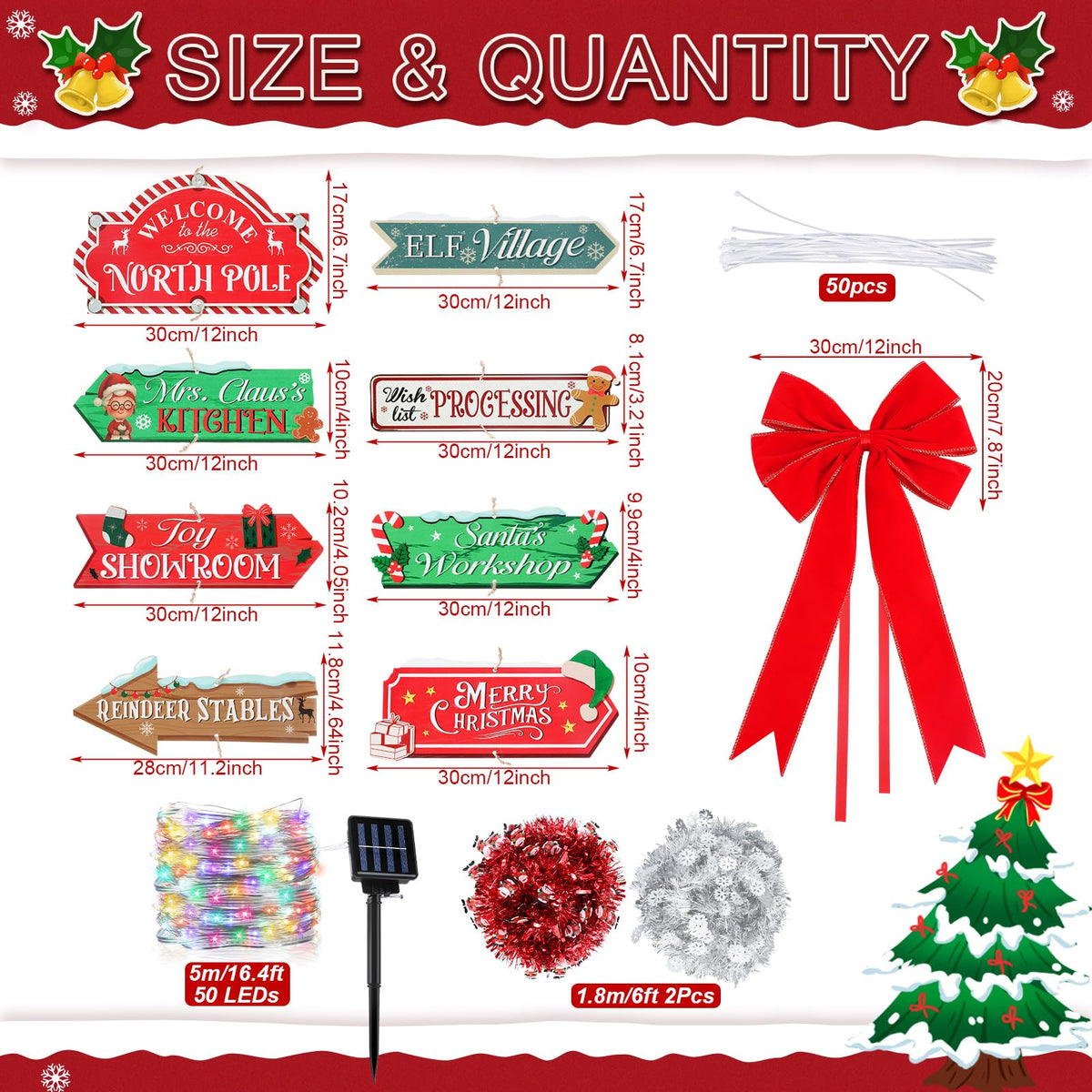 Colingmill Christmas Lamp Post Light Decorations with 8 Merry Christmas Yard Wooden Signs 16.4ft 50led Solar Light String 2 Xmas Tinsel Garlands Red Velvet Bow for Outdoor Holiday Post Lamp Yard Decor