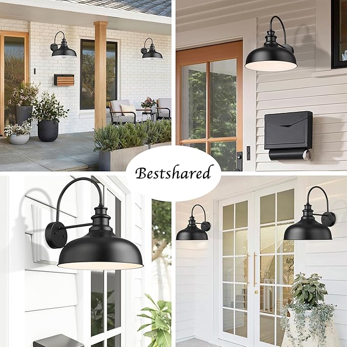 Bestshared Large Farmhouse Barn Lights 16 Inch Dome Outdoor Wall Lighting Fixture Industrial Wall Sconces Exterior Mount Lantern Light for Porch, Entryway, Garage(2Pack, Black+White)