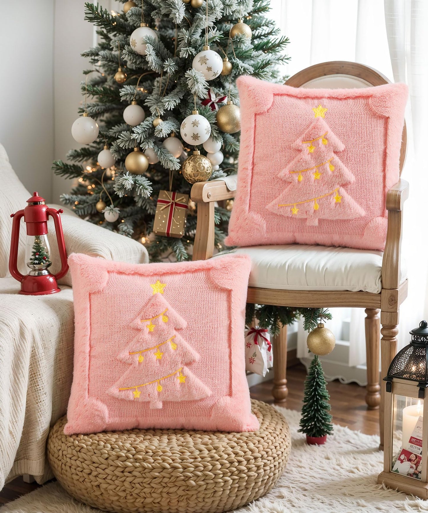 SEGXCFL Christmas Pillow Covers Set of 2 Soft Plush Faux Fur Pillow Cases 3D Embroidered Decorative Couch Cover Home Decor Christmas Throw Pillow Covers 18x18,Pink Christmas Tree