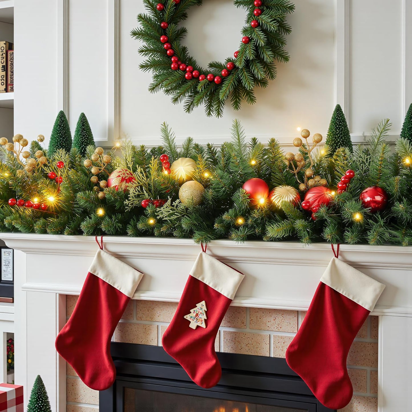 9FT Artificial Christmas Prelit Garland with 50 White Light, Pulg in, Pine Cones, Gold and Red Ball, Red Berris Mantle for Indoor Holiday Door Home Decorations Stairs Fireplaces Wall