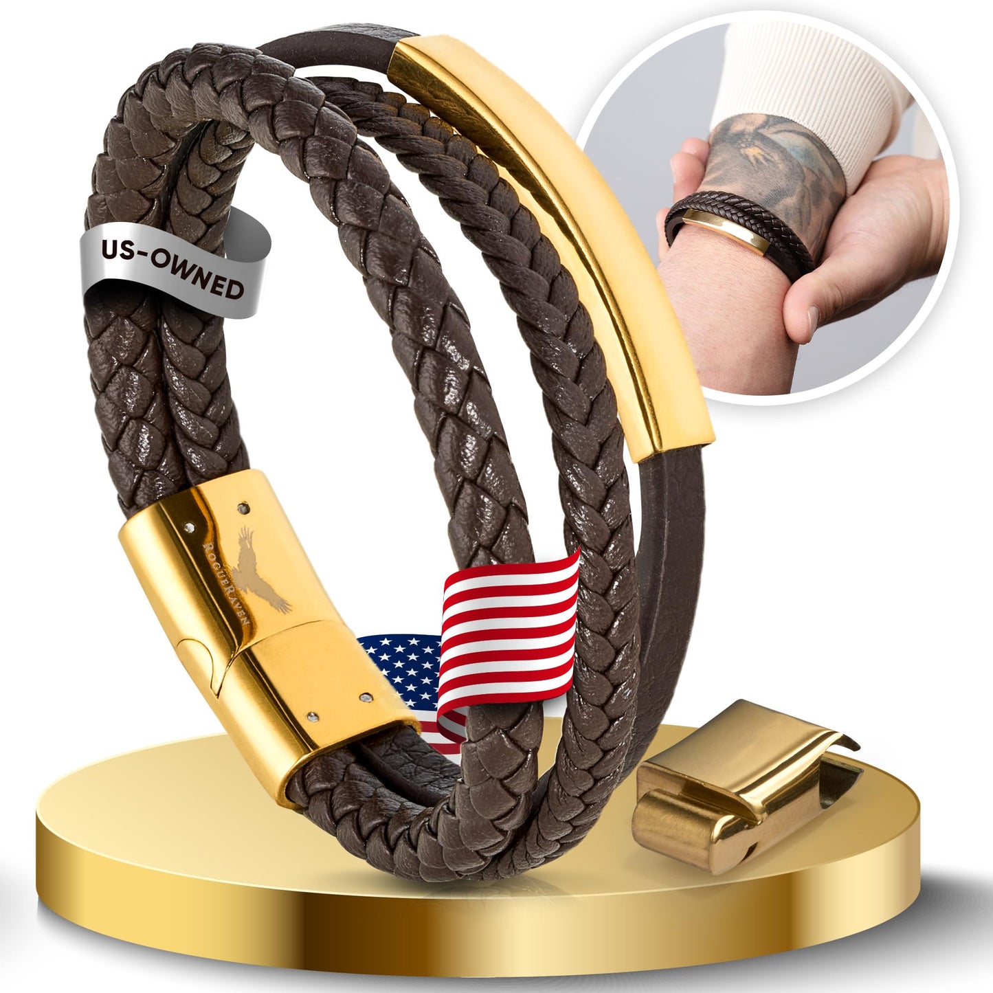RogueRaven Black Leather Bracelet for Men – Premium Collection – Brown Black Gold Silver | Genuine Leather Mens Bracelet with Stainless Steel Clasp [Adjustable] | In Luxury Gift Box