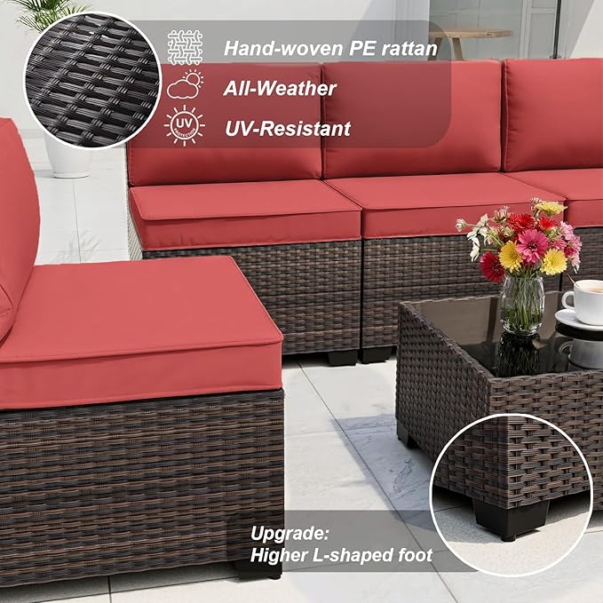 ALAULM 11 Pieces Patio Furniture Set with 2 Swivel Chairs Patio Furniture Outdoor Sectional Sofas with 55000 Gas Fire Pit Patio Conversation Set w/8 Cushions-Red
