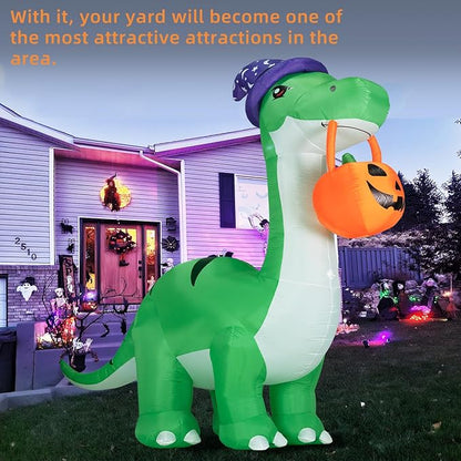 10FT Halloween Inflatable Huge Dinosaur Decorations Outdoor, Blow Up Yard Decorations Built-in LED Lights,Halloween Party Decorations with Witch Hat and Pumpkin,for Garden/Lawn.