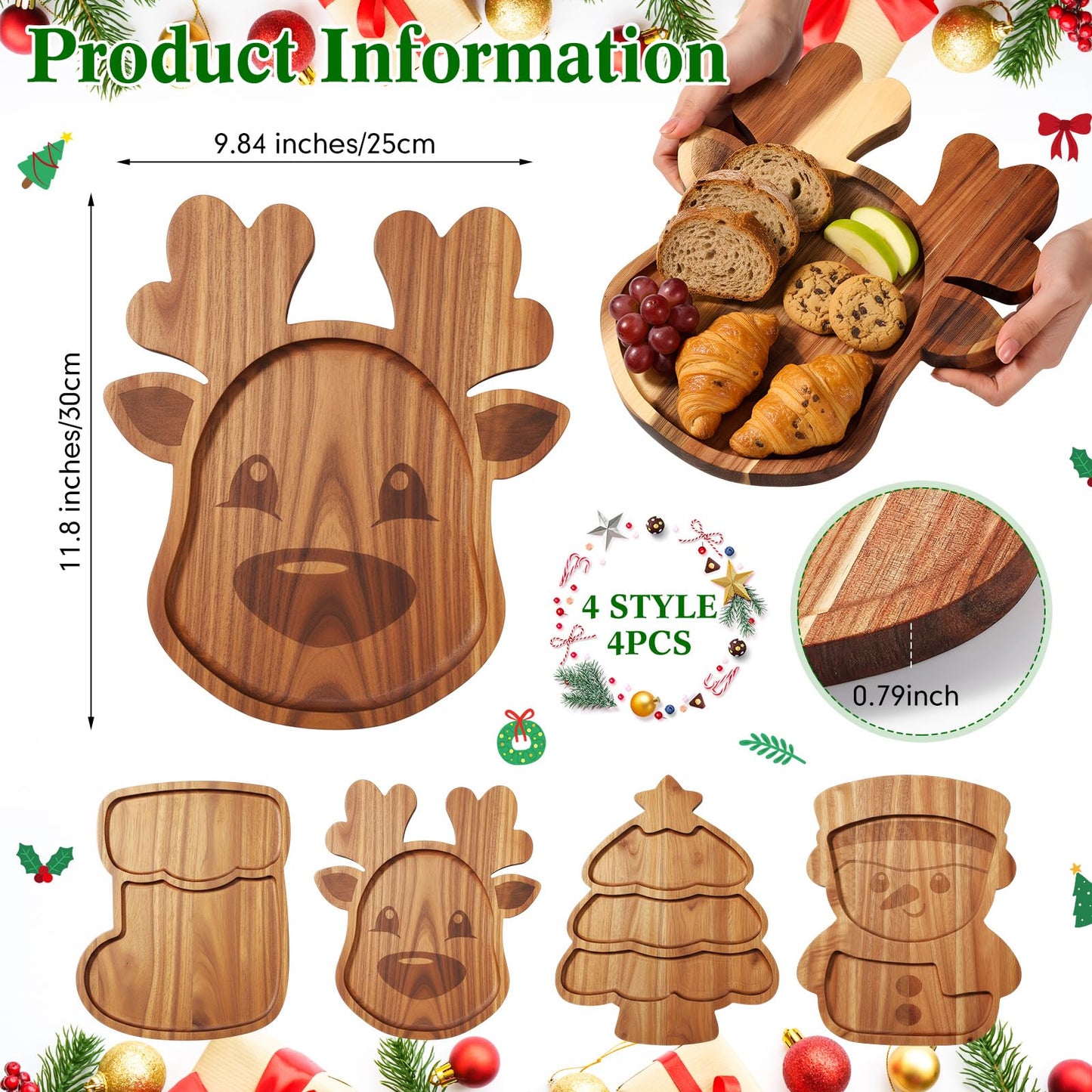 Bokon 4 Pcs Christmas Charcuterie Board 12"x10" Wooden Gingerbread Xmas Cutting Boards Serving Trays for Dessert Cheese Bread Snack Holiday Decor Gift for Christmas Party(Snowman,Acacia Wood)