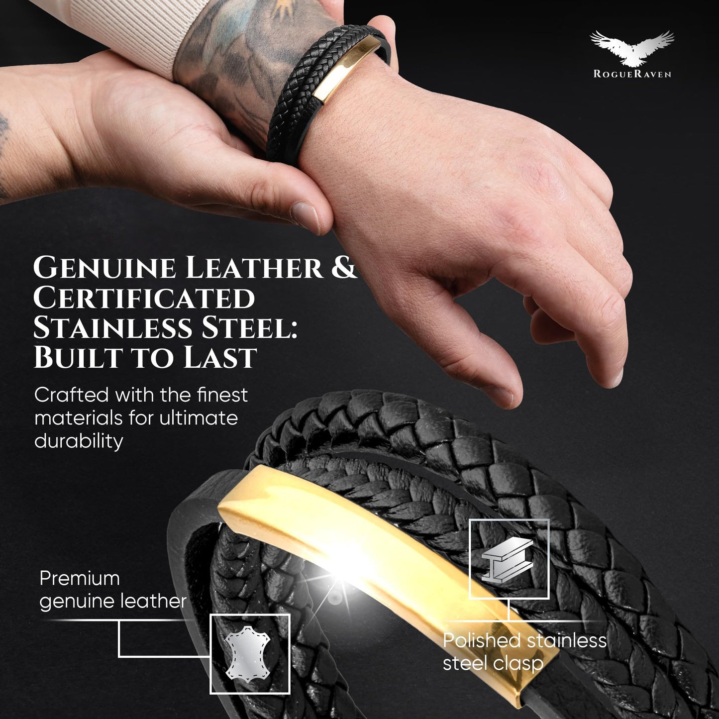 RogueRaven Black Leather Bracelet for Men – Premium Collection – Brown Black Gold Silver | Genuine Leather Mens Bracelet with Stainless Steel Clasp [Adjustable] | In Luxury Gift Box