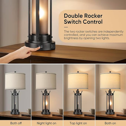 QiMH Farmhouse Table Lamps for Living Room, Beside Lamps for Bedroom with USB A+C Charging Ports, Rustic Nightstand Lamp Set of 2 with Frosted Glass Night Light, 4 Bulbs Included (Black)