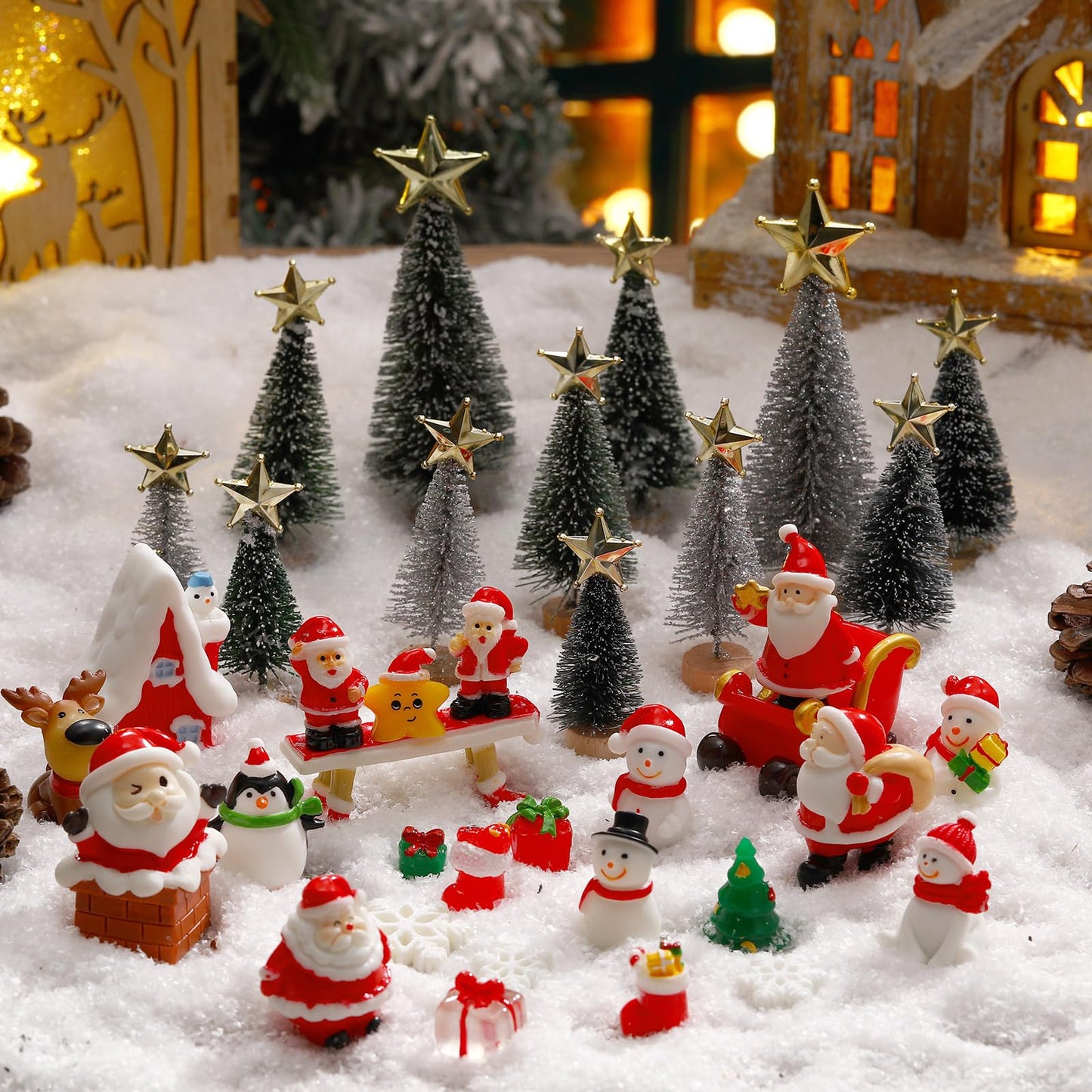 Roowest 96 Pcs Miniature Ornaments for Snow Globe Kit DIY Christmas Village Decoration Christmas Figurines Mini Ornaments with Snowman Reindeer Santa Claus Snowflake(Green Sliver Black)