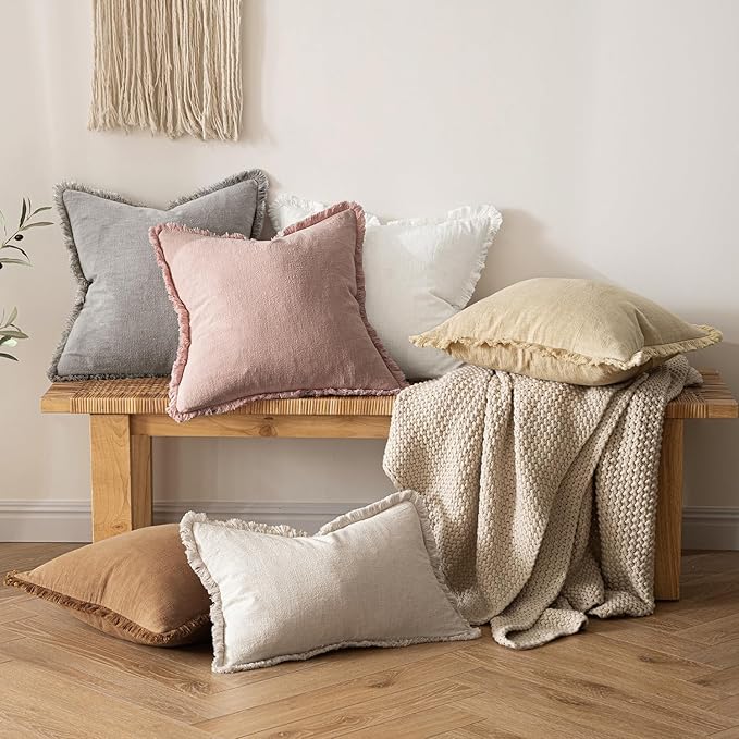 MIULEE Christmas Decorative Throw Pillow Covers Neutral Linen Fringe Throw Pillows Set of 2 White Boho Farmhouse Cushion Covers with Tassels for Couch Sofa Bed Living Room Home Decor 18x18 Inch