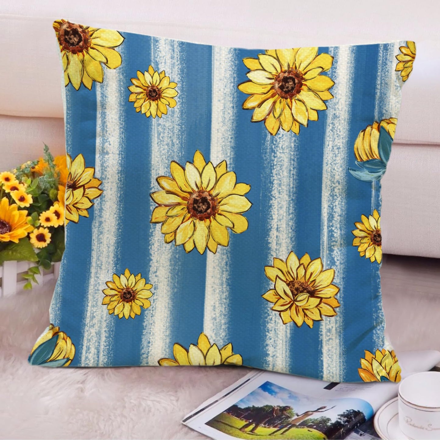 Tikeciti Sunflower Hello Sunshine Pillow Covers Italy Blue 18 x 18 Inch Throw Pillows, Amalfi Mason Jar Floral Decorative Farmhouse Cushion Case for Sofa Couch Set of 4