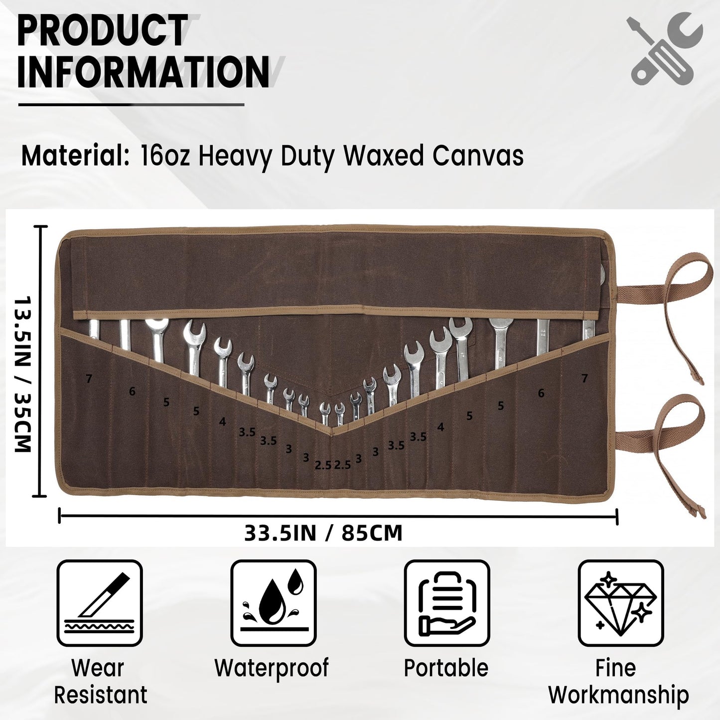 Tool Roll, Wrench Organizer Roll Up Tool Pouch with 24 Pockets | Durable Waxed Canvas 16 OZ Portable Tool Storage Carrier Bag(33.5 X 13.5 IN | Brown)