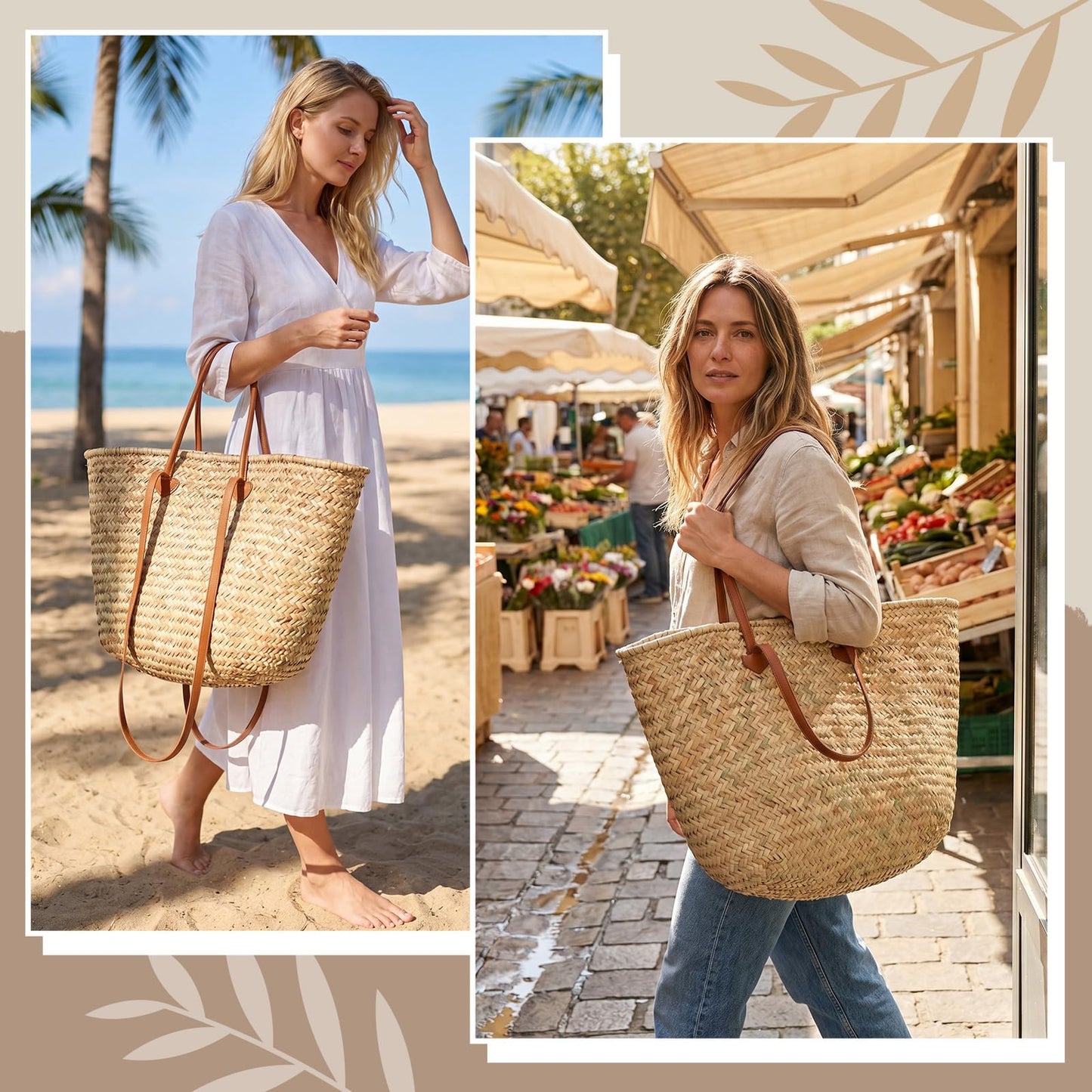 Klyyo Clyro Oversized French Straw Basket Tote Bag with Leather Handles & Drawstring Liner, 25" Large Woven Beach Bag for Summer, Picnic, Market, Grocery Shopping, Travel & Bridal Shower
