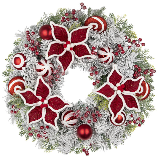 24 inch Christmas Door Wreath, Poinsettia Wreaths for Front Door with Candy Cane Red and White Ball Berries for Fireplace Xmas Decorations, Wall Window Indoor Outdoor Holiday Decor