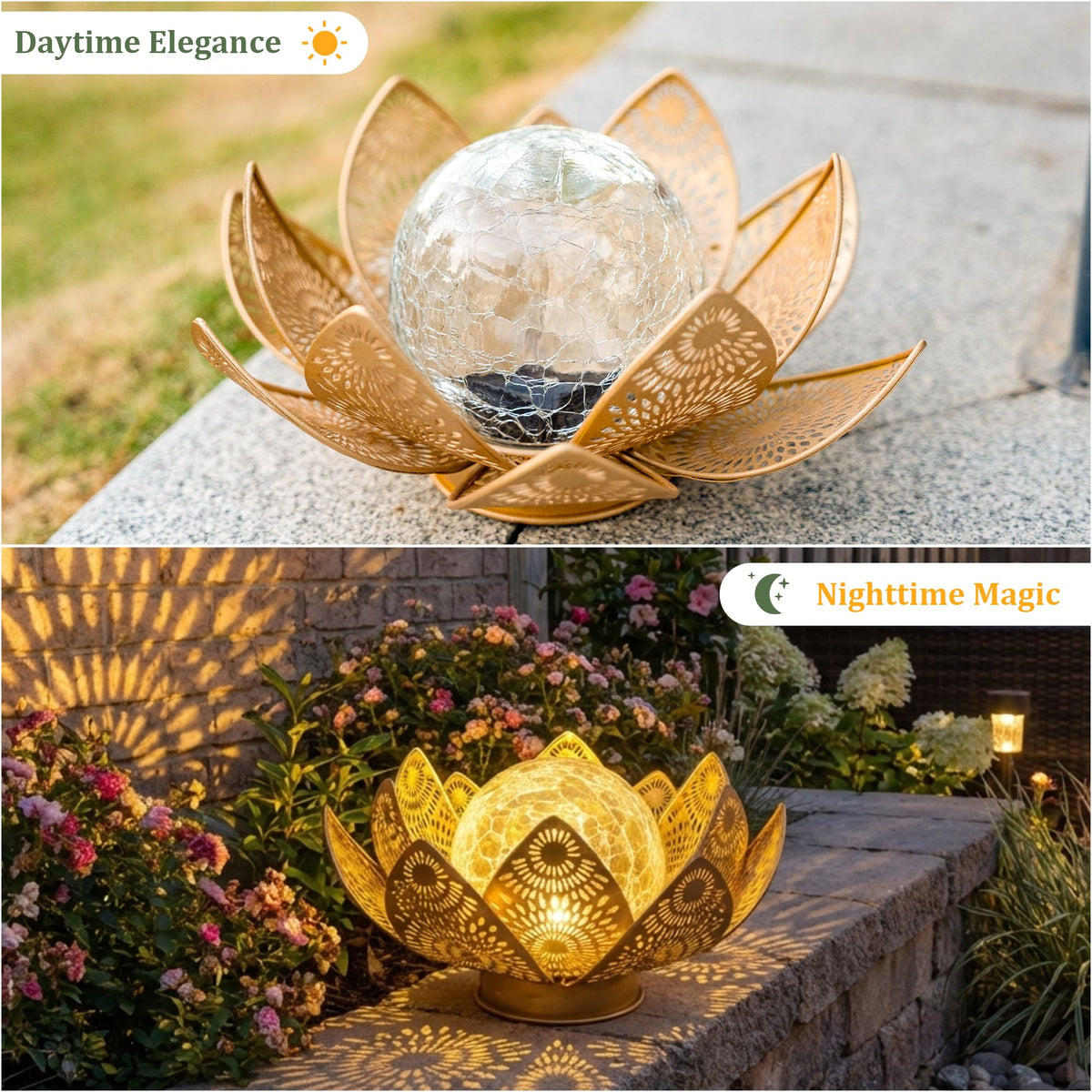 Cubular Solar Lights Outdoor Waterproof IP65 - Lotus Flower Lantern with Crackle Glass & Metal Petals, Garden Decor for Patio, Pathway, Lawn - Auto On/Off Gift for Women, Mom, Housewarming