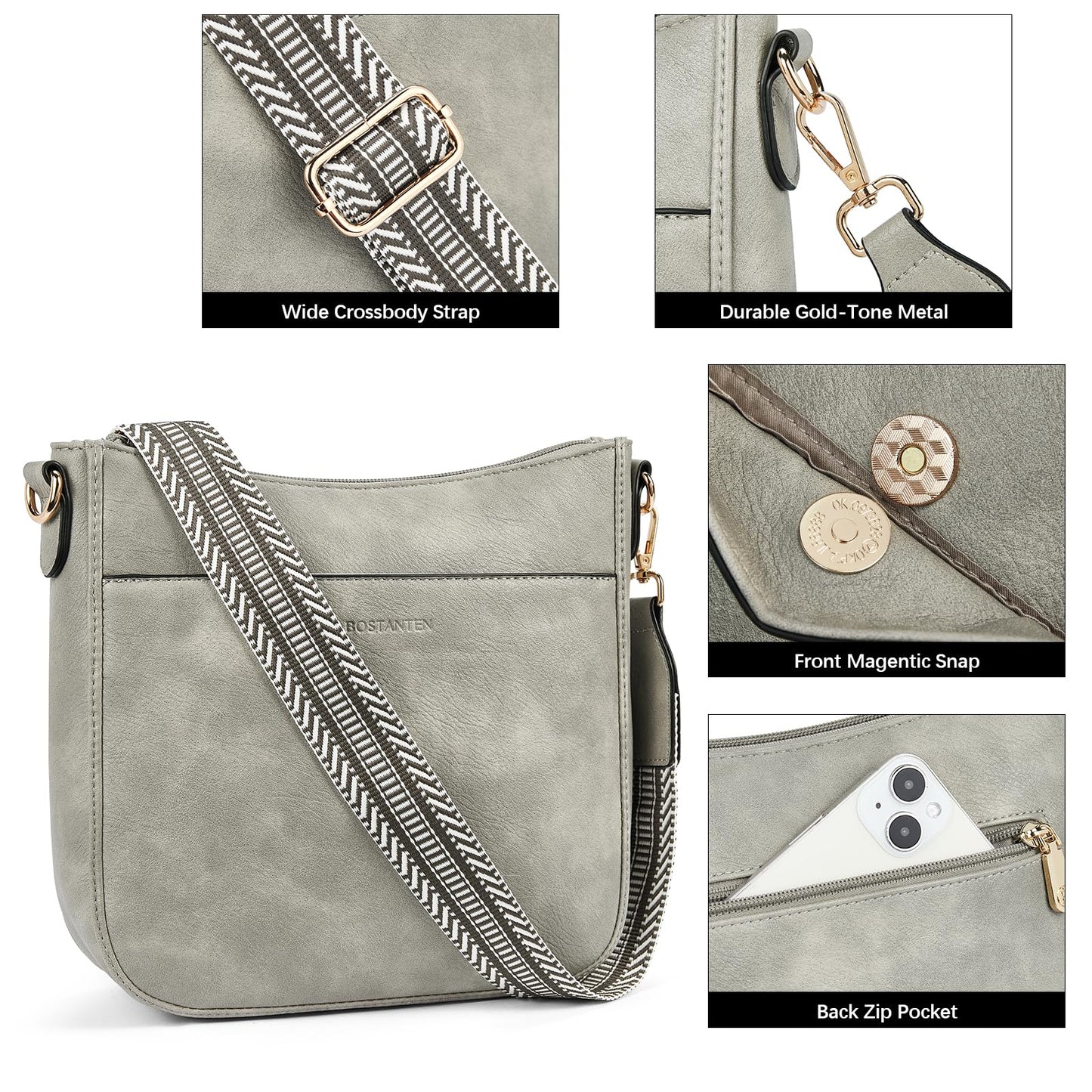 BOSTANTEN Crossbody Bags for Women Trendy Vegan Leather Hobo Purses Shoulder Handbags With Wide Shoulder Strap Sky Grey