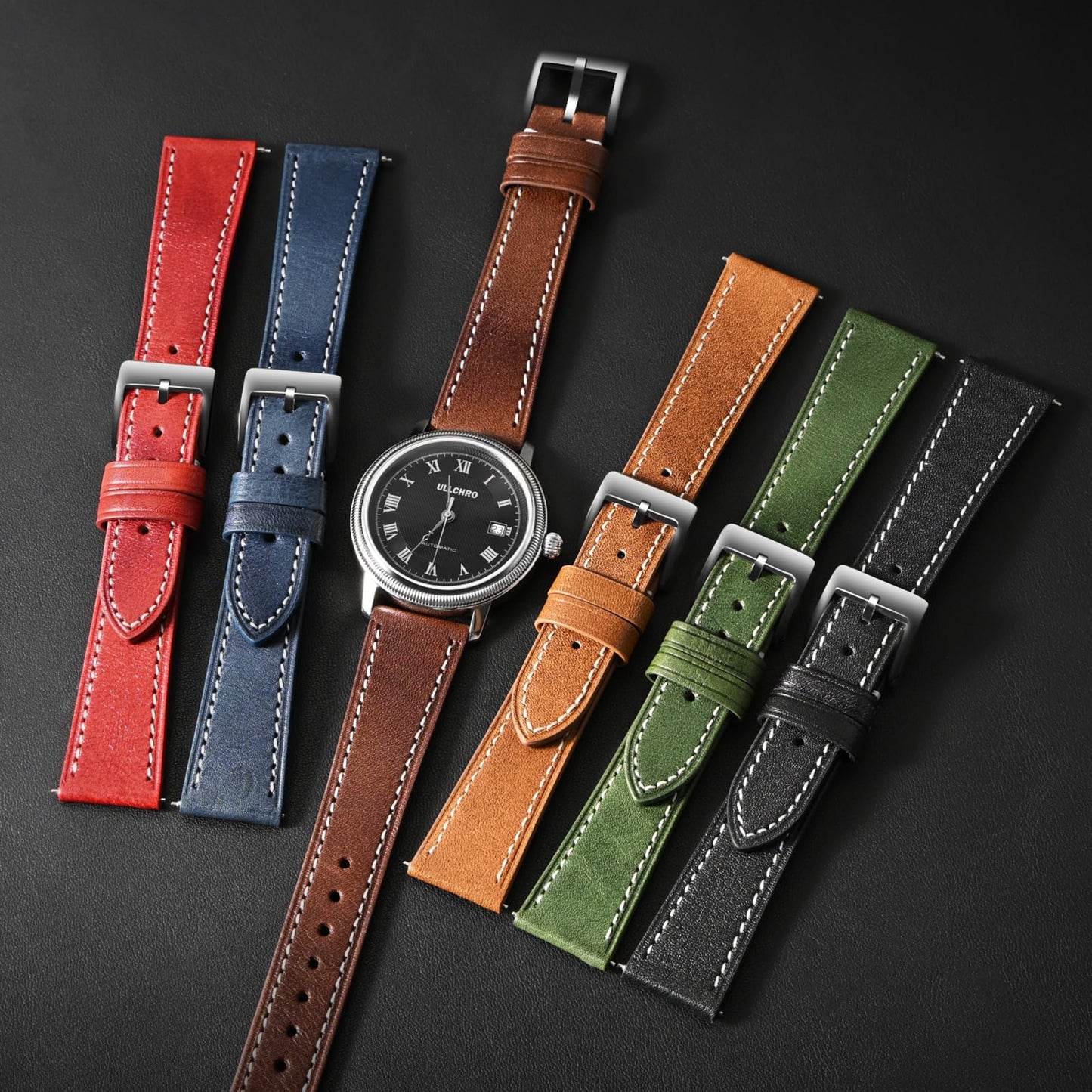 ULLCHRO Leather Watch Straps for Men & Women - Quick Release - Stainless Steel Buckle - Replacement Strap - Band With 17mm, 18mm, 19mm, 20mm, 21mm, 22mm (20mm, Green)