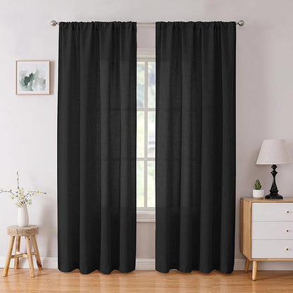 Tollpiz Linen Curtain Bedroom Rod Pocket Semi Sheer Curtains Burlap Light Filtering Thick Linen Drape for Living Room, 38 x 84 inches Long, Black, Set of 2 Panels