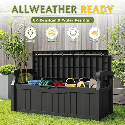 Greesum 80 Gallon Storage Bench Outdoor Deck Box with Armrest, Patio Furniture, Lockable, Waterproof and UV Resistant, Suitable for Garden, Poolside, Dark Black