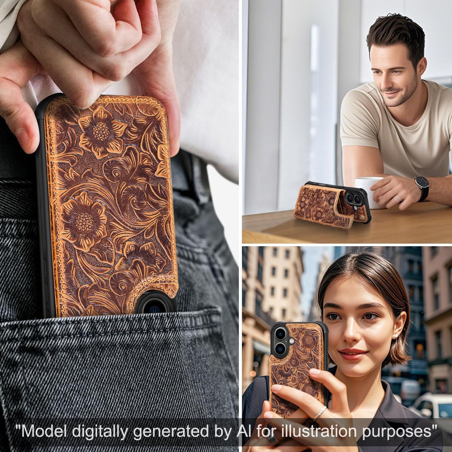 RMAWRAD Wallet Real Leather Case Compatible with iPhone 16 6.1" ，Genuine Leather，Shockproof, Anti-Fall Case, Flip Cover, with Card Slot, Double Magnetic Buckle, Kickstand, Durable Brown