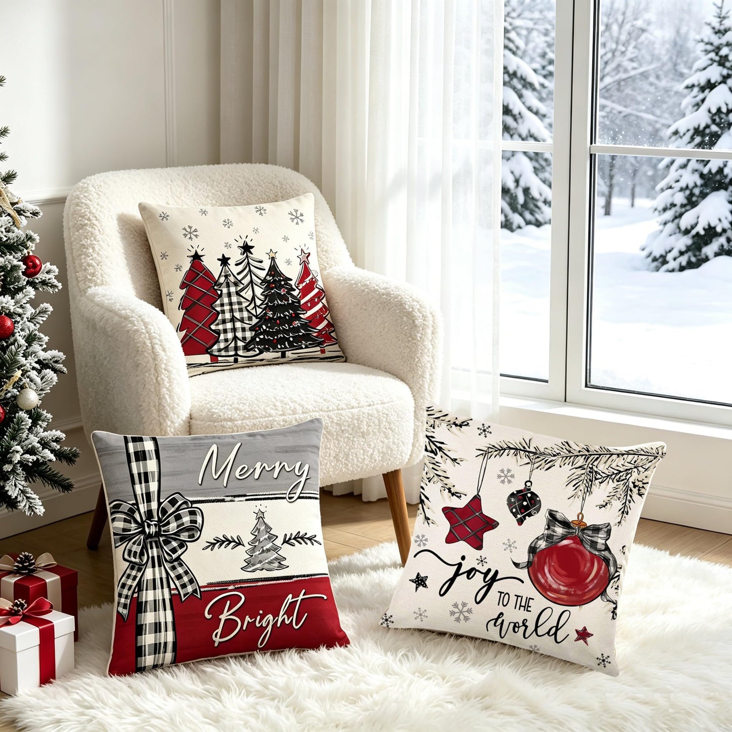 Ni-JASW Red Grey Plaid Christmas Throw Pillow Covers 18x18 inch, Farmhouse Let it Snow Tree Balls Xmas Cushion Case for Sofa Couch Set of 4