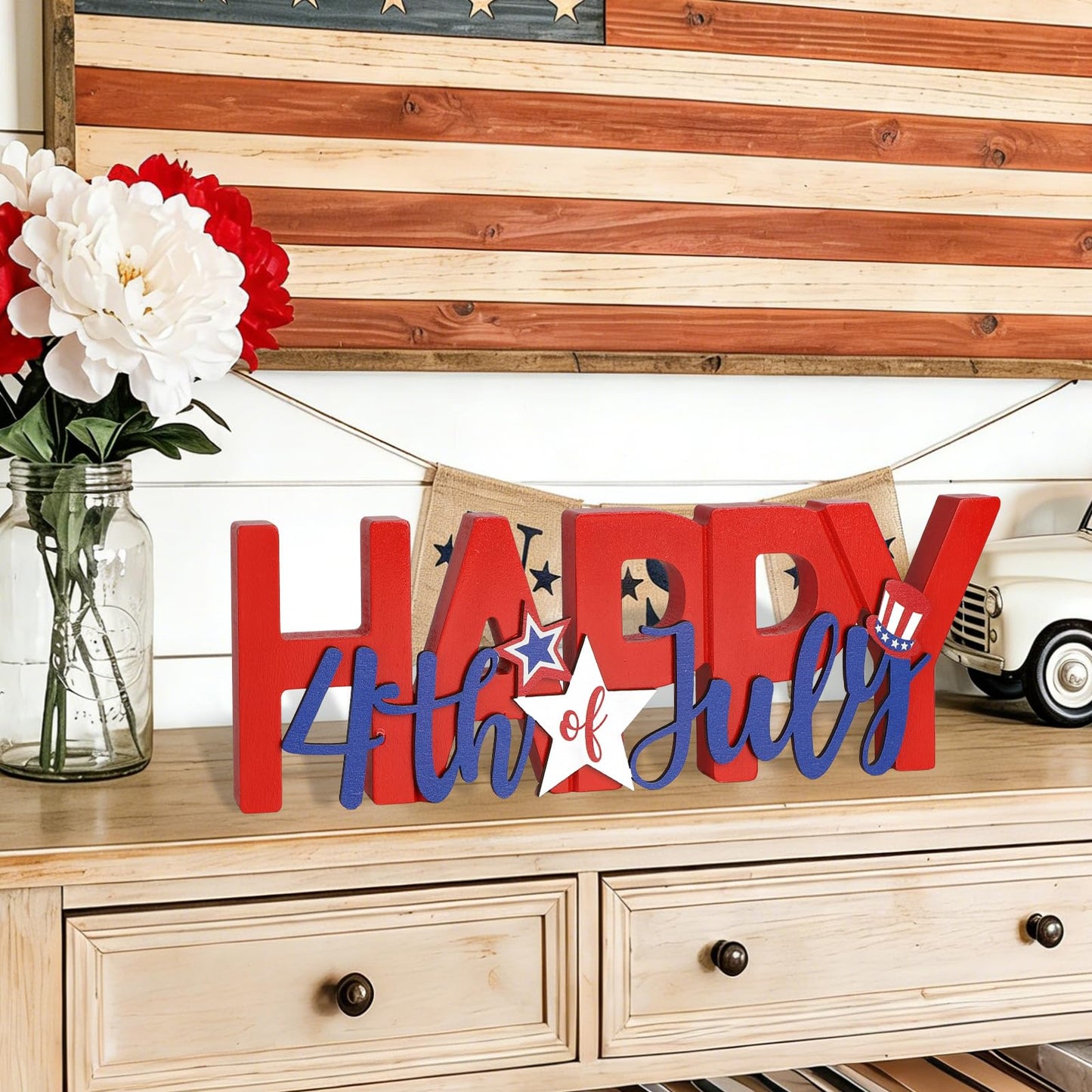COCHIE Wooden Happy 4th of July Sign, Fourth of July Decorations for Home, Office, Shelf, Mantel, Indoor, Wood Patriotic Decor, Red Blue and White Table Top Centerpiece Party Decoration (Patriotic)