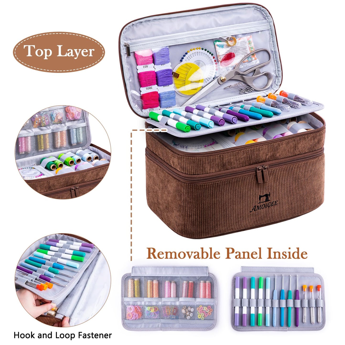 AMOIGEE Double-Layer Sewing Accessories Organizer with Pin Cushion – Large Sewing Storage Bag for Thread, Notions & Tools – Portable Travel Sewing Tote for Quilting, Embroidery & Crafts Gift (BagOnly)