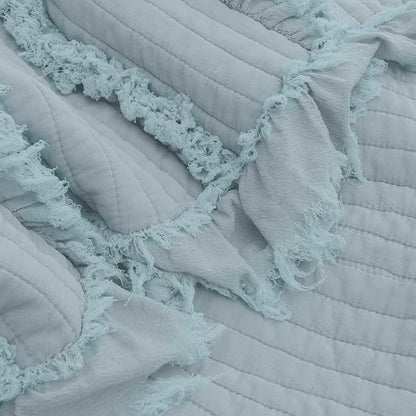 Ultra Soft Pre-Washed Warm Quilted Throw Blanket, Ruffle Fringed Blue Green Boho Decorative Throw, Stone Washed Chic Rustic Blanket for Sofa Couch Bed Chair, 50"x 60"