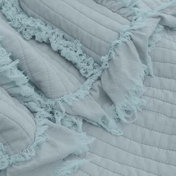 Ultra Soft Pre-Washed Quilted Boho Blue Green Twin Size Blankets for Bed, Ruffle Fringed Decorative Throw, Stone Washed Chic Rustic Blanket for Sofa Couch Bed, 60"*80"