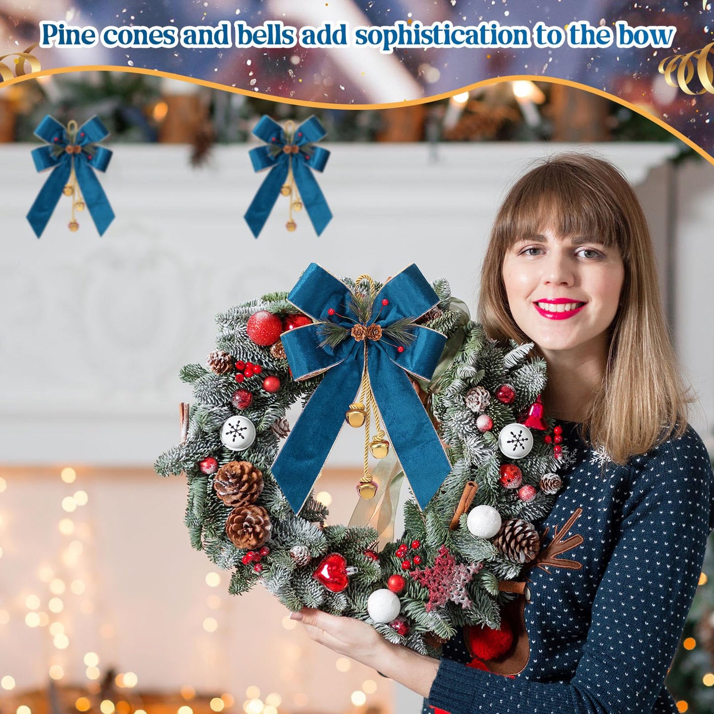 Yinkin 4 Pcs Christmas Tree Wreath Bow Christmas Ribbon Bows with Bells 11 x 7.8 in Velvet Pine Cone Bowknot Xmas Tree Hanging Ornaments Decor for Home Xmas Party Outdoor Indoor (Lake Blue)