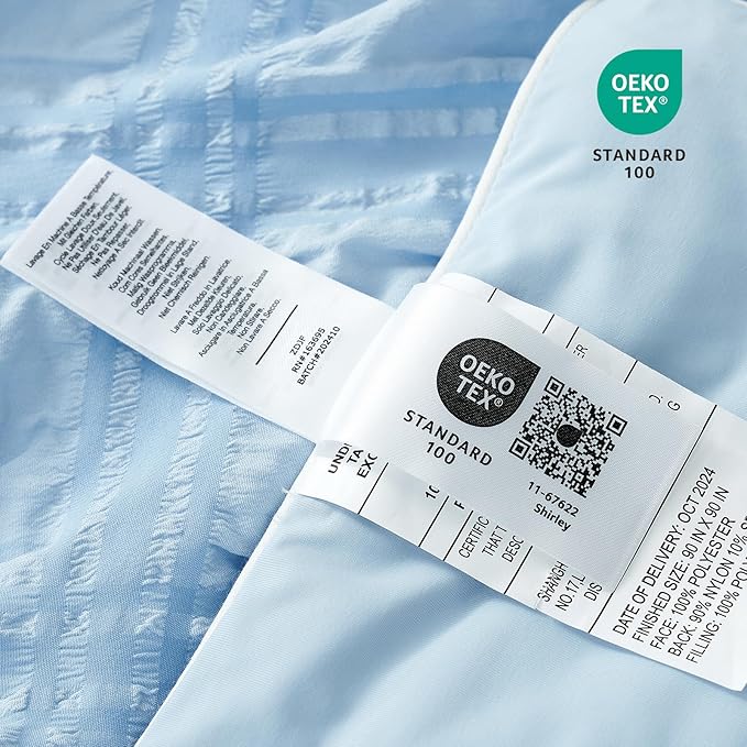 Cozy Bliss Cooling Comforter King Size Seersucker Plaid, Q-Max 0.4 Reversible Lightweight Cooling Blanket, Breathable Silk Smooth Summer Bedding Quilt for Hot Sleepers Night Sweats Blue