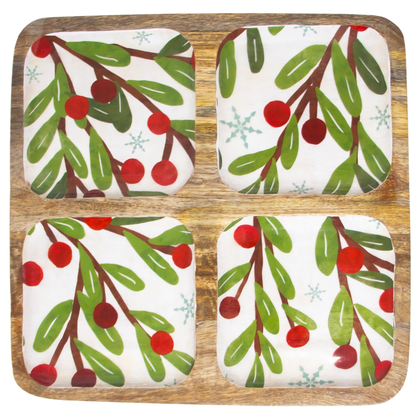 Boston International Divided Tray with 4 Sections Mango Wood Serving Dish, 12" x 11.75", Winter Berry