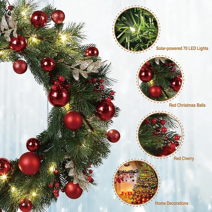 4pack Solar Christmas Wreath 24 Inch Pre-Lit Solar 50 Led Artificial Wreath Outdoor Front Door Window Christmas Decorations with Frosted Branches Red Christmas Balls (2408-4pk)