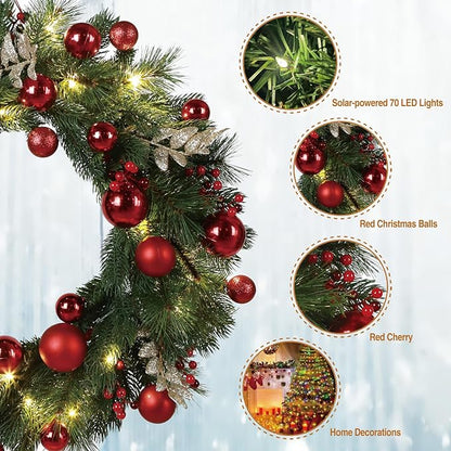4pack Solar Christmas Wreath 24 Inch Pre-Lit Solar 50 Led Artificial Wreath Outdoor Front Door Window Christmas Decorations with Frosted Branches Red Christmas Balls (2408-4pk)