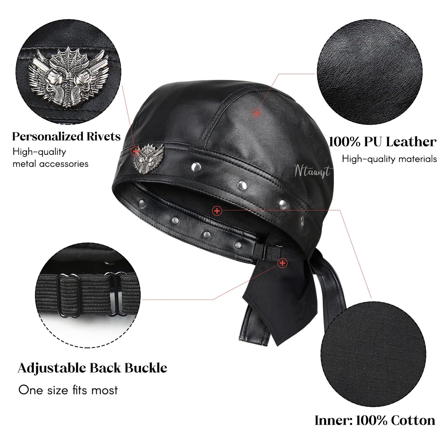 NTAWYT Leather Biker Hats for Women Cycling Skull Cap Adjustable Doo Rag Black Bandana