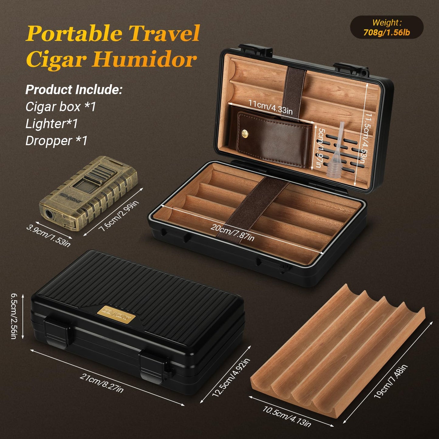 SEMKONT Travel Cigar Humidor, Portable Cedar Wood Lined Cigar Box, Waterproof Anti Pressure Sealed Cigar Storage Case, With Humidifier and Cigar Lighter Set, Can Holds 6 Cigars(Butane Not Included)