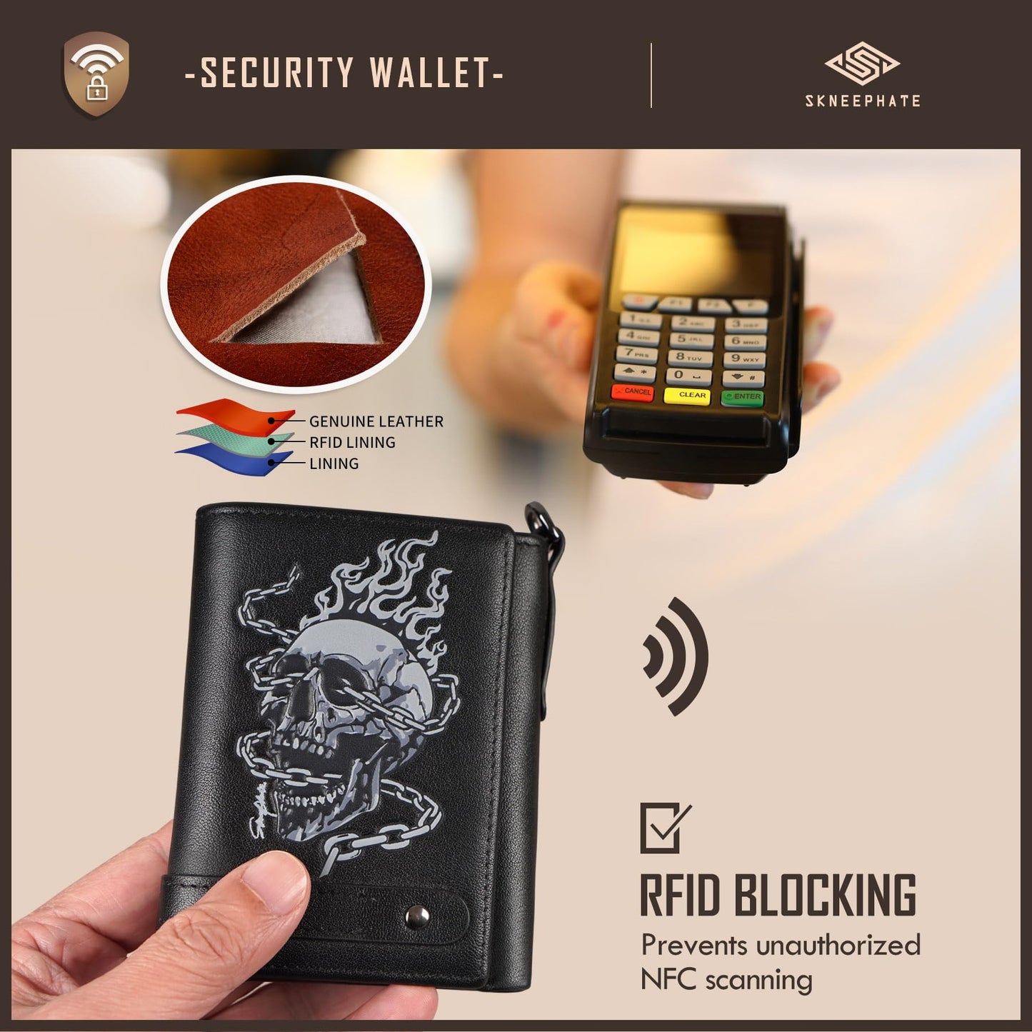 skneephate Men's Wallet With Chain Skull Trifold Wallets For Men,Soft Leather Wallet Chains Rfid Blocking Cool Mens Gift Idea (black)