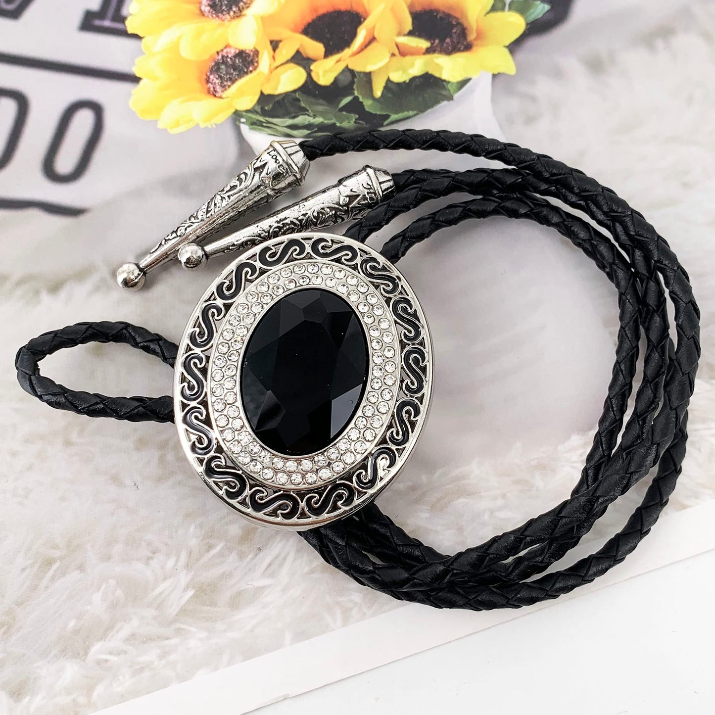 SELOVO Western Statement Big Grey Rhinestone Native American Large Bolo Tie for Men Genuine Leather