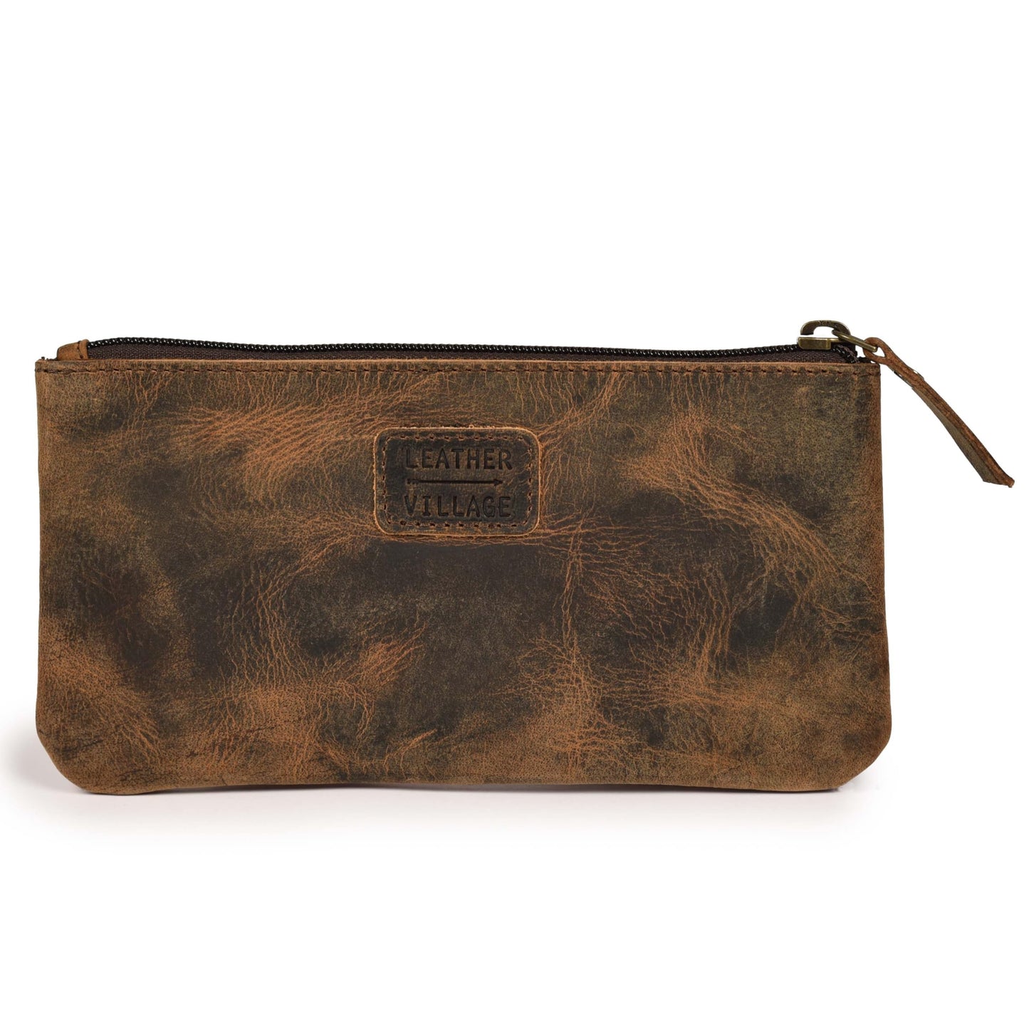 LEATHER VILLAGE Leather Pencil Pouch Pen Case - Rustic/Vintage Brown - 8"X4"- Double Pocket - Elegant and Practical Zipper Pouch Holder for Artists, Men, and Women