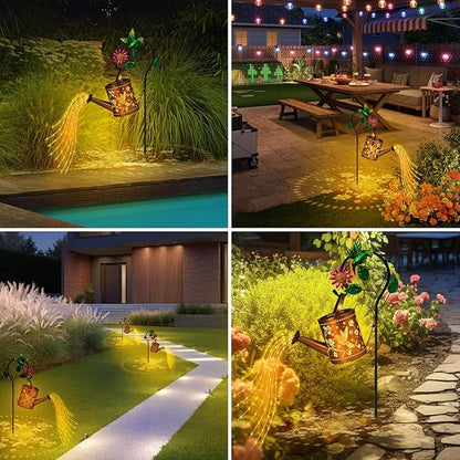 Outdoor Hanging Solar Lantern Waterproof Metal Openwork Hummingbird Watering Can Landscape Lights with Shepherd Hook for Porch Lawn Driveway Backyard Pathway Mom Grandma Gifts