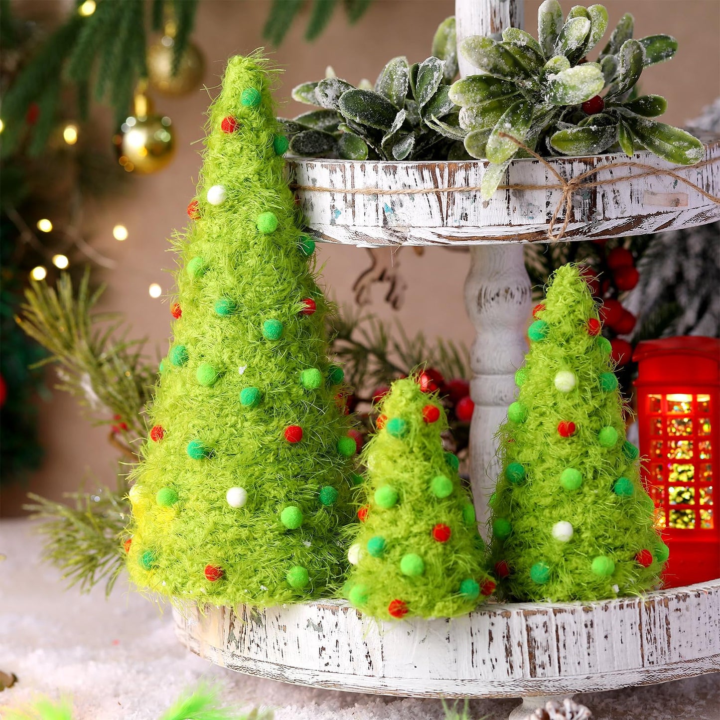 Fullhawl 3 Pcs Christmas Table Decorations Lime Green Furry Christmas Tree Yarn Centerpiece Artificial Plush Fur Fluffy Spot Surface Cone Table Signs Xmas Party Decor (Green,Multiple Size)