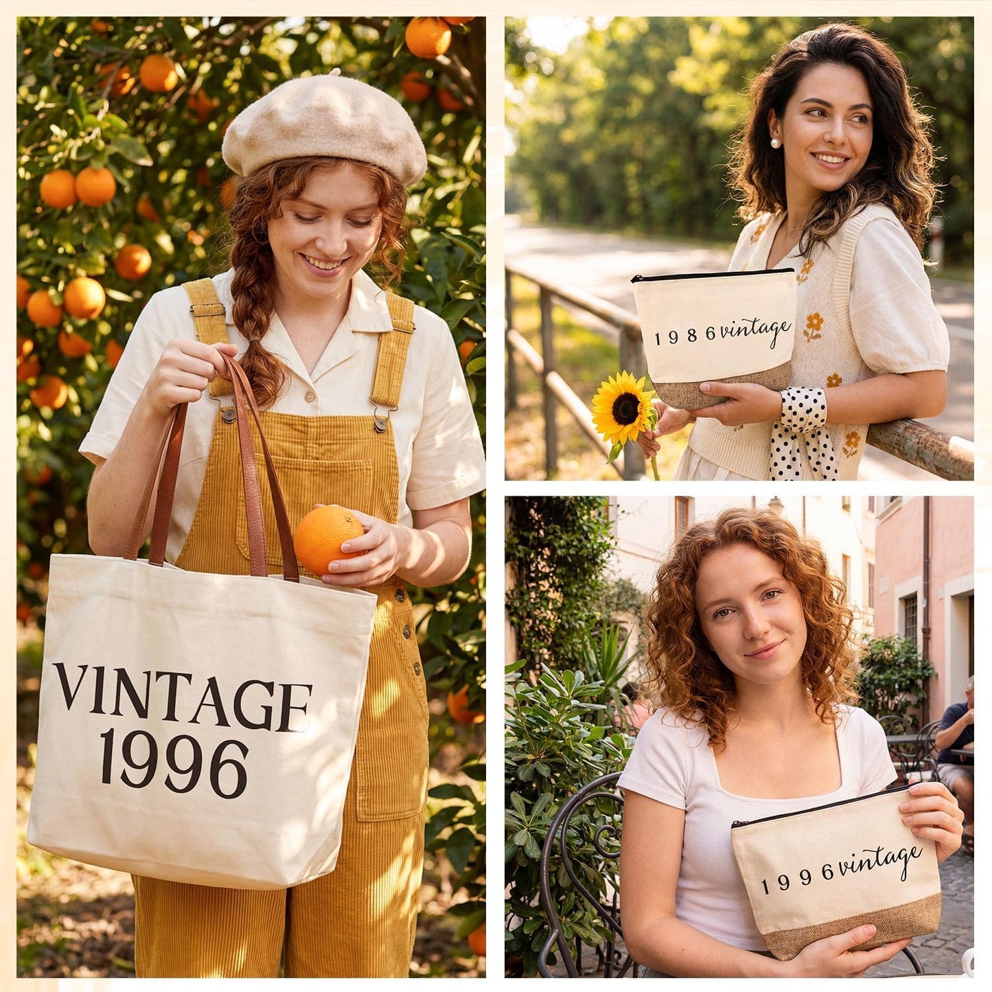 Vintage 1956 Gifts for Women, 70th Birthday Gift Set, Canvas Tote Bag with Leather Handles, Makeup Pouch & Back in 1956 Card, Gift for Her Turning 70