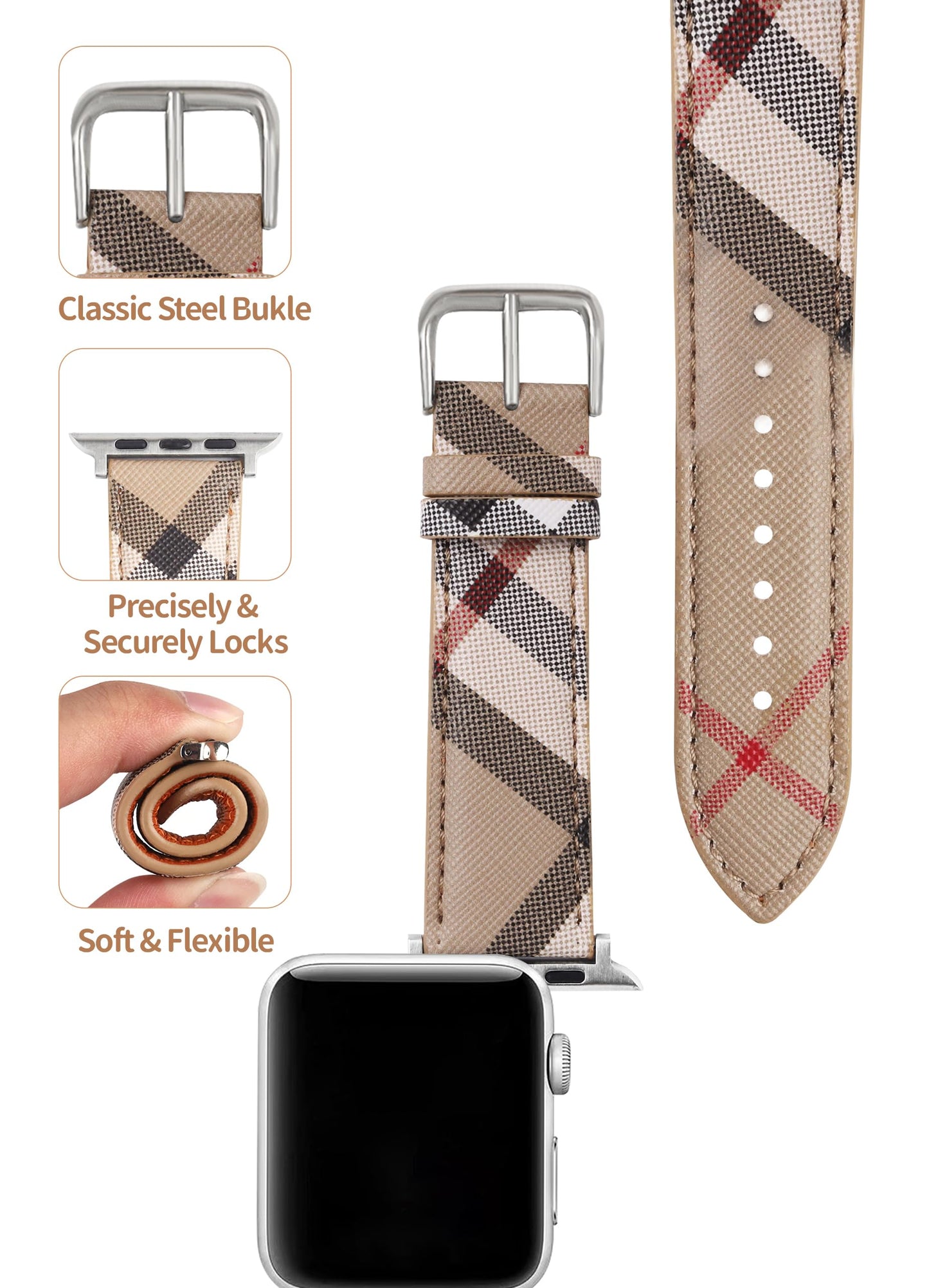 Designer Watch Band for Women Compatible with Apple Watch Bands 45mm 44mm 42mm, Luxury Leather Classic Beige Plaid Watch Band Compatible for iWatch Series 10/9/8/7/6/5/4/3/2/1/SE